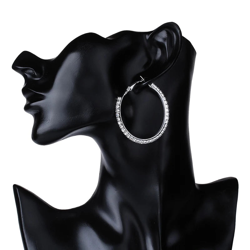 Grandes Boucles Créoles 30-80mm | Cristal Strass Cercle | Noir Or Argent | Femme Fille | Fête Cadeau