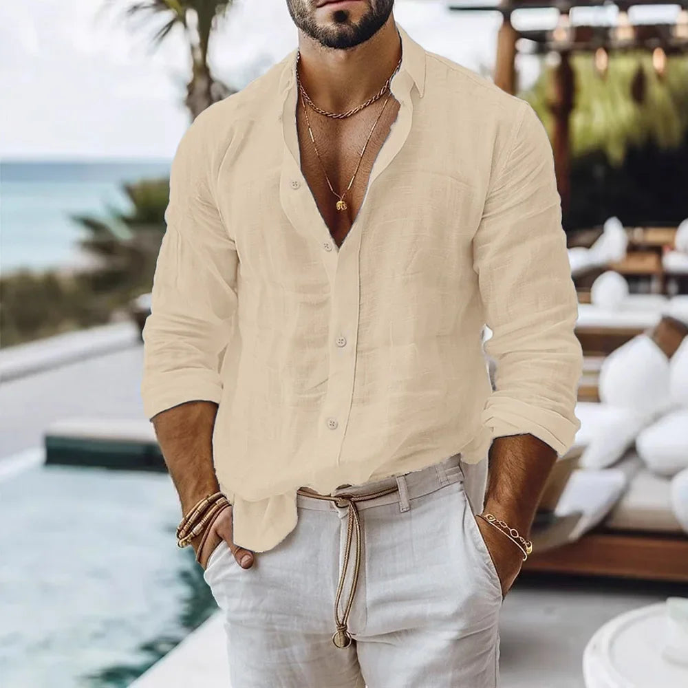 Chemise en coton et lin pour homme, style plage d'été, couleur unie, simple boutonnage, chemises respirantes, hauts boutonnés légers et élégants