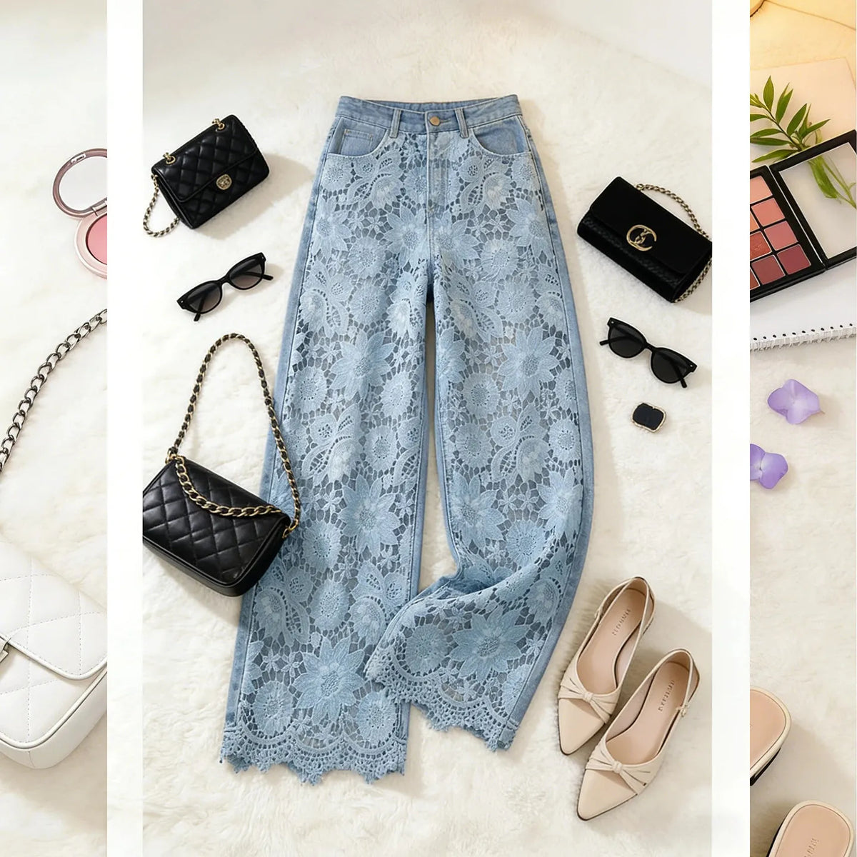 High Waist Wide Leg Pants Lace Splicing Hollow out Loose Fit Straight Cut Jeans Women's Spring Fashion Casual Trousers