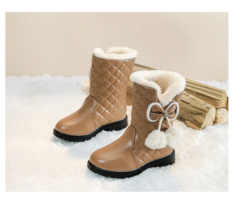 2025 Winter New Fashion Children Princess Boots Waterproof Girls Warm Boots with Bow Kids Snow Boots with Fur Plush