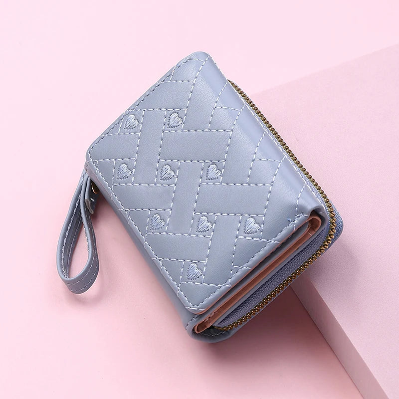 Women's Tri-Fold Wallet PU Card Holder Multi-Object Pocket Short Fashion Embroidered Love Pattern Korean Minimalist New 2023