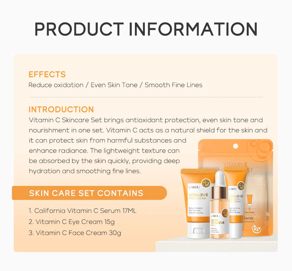 LAIKOU Vitamin C Skin Care Sets 3pcs Face Cream Serum Eye Cream Moisturizing Anti Wrinkles Facial Care Kit