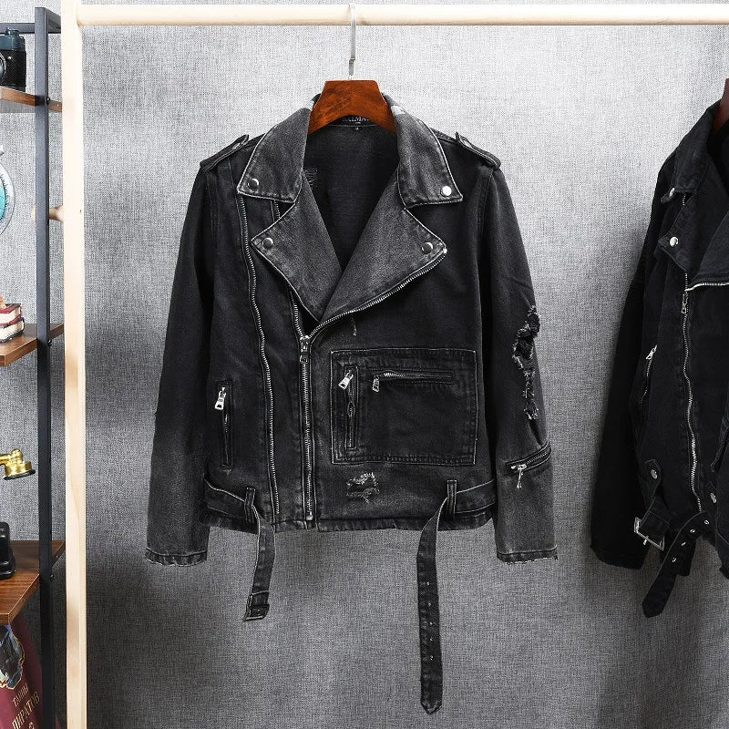 Veste Jean Homme Automne-Hiver | Style Américain Retro High Street Punk | Slim Déchiré Motard