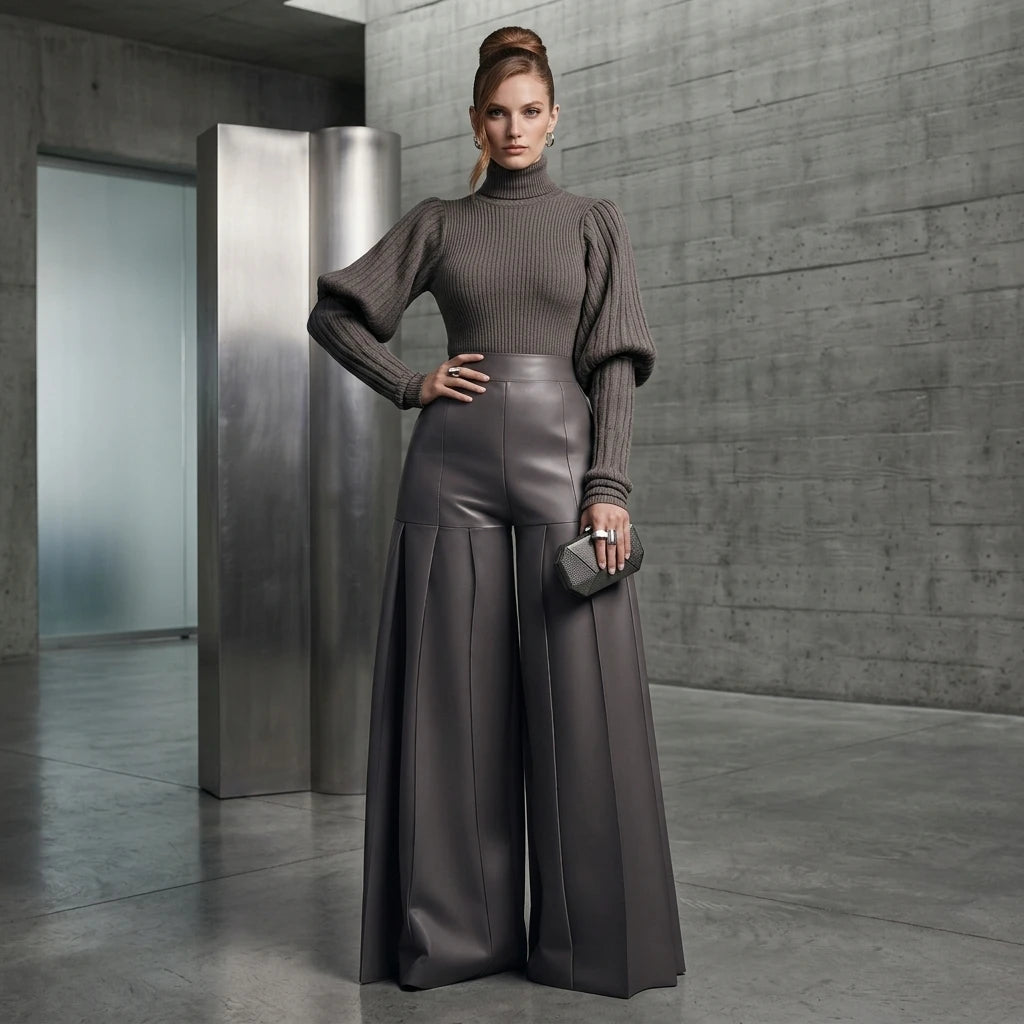 Pantalon Large Plissé Cuir PU Femme | Taille Haute Oversize | Club & Soirée | 2026