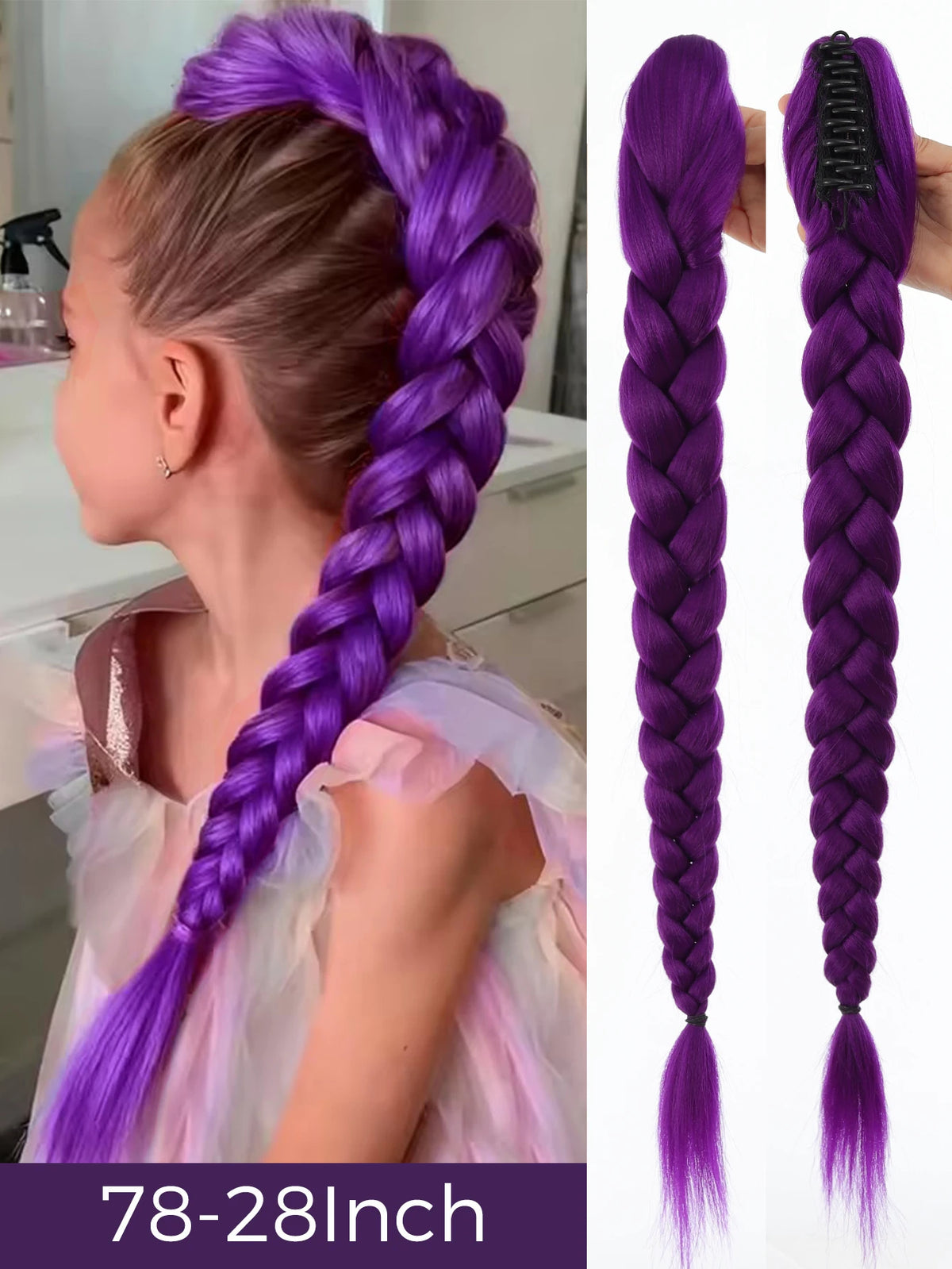 Queue de Cheval Tressée Violette | 32 Pouces | Tinsel Brillant | Extensions Super | Cosplay & Noël | Enfants & Filles