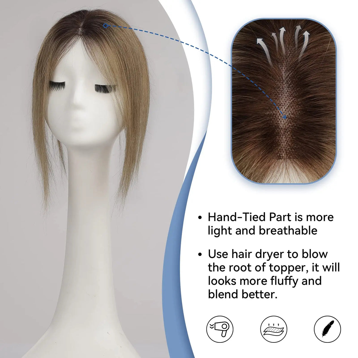 Topper Cheveux Remy 100% | Brun Ombré | 12 Pouces | Lace Base Milieu | Clip | Pour Cheveux Clairsemés | Femme