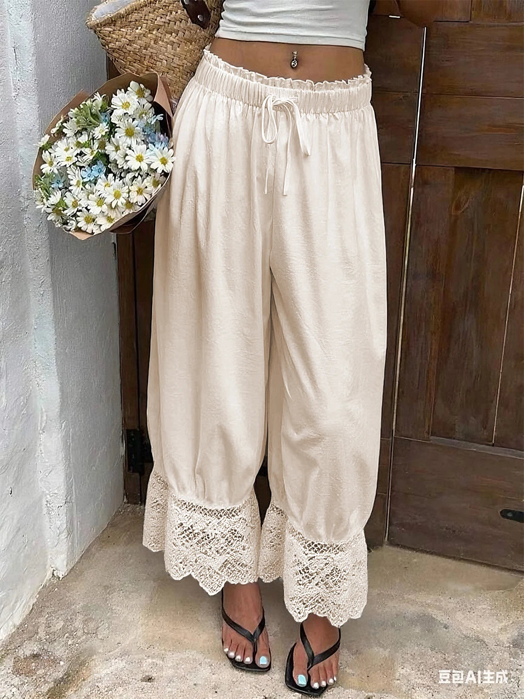 Women's Wide Leg Pants White Polyester Lace Trim Hem Casual Loose Fit Summer Trousers Wide Leg Pants