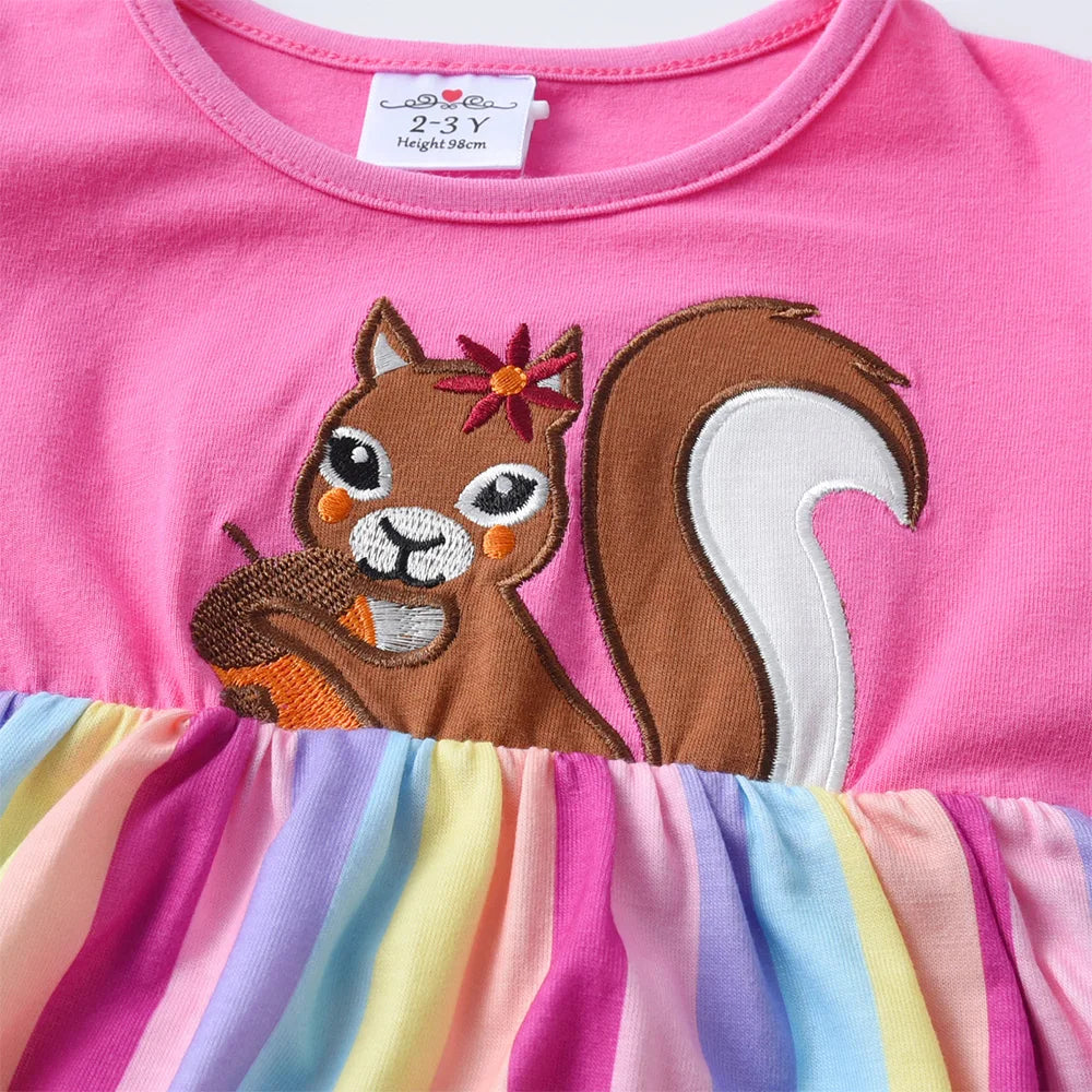 Girls Squirrel Embroidery Dress Kids Ruffle Sleeve Pink Cotton Casual Straight Dress Girl Rainbow Striped Cute Daily Wear Outfit