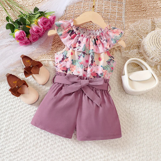 Kids Casual Summer Clothing Sets Outfits for Girls 2026 New Toddler Floral Print Ruffle Tops Short Pant Fashion Children 1-8Y