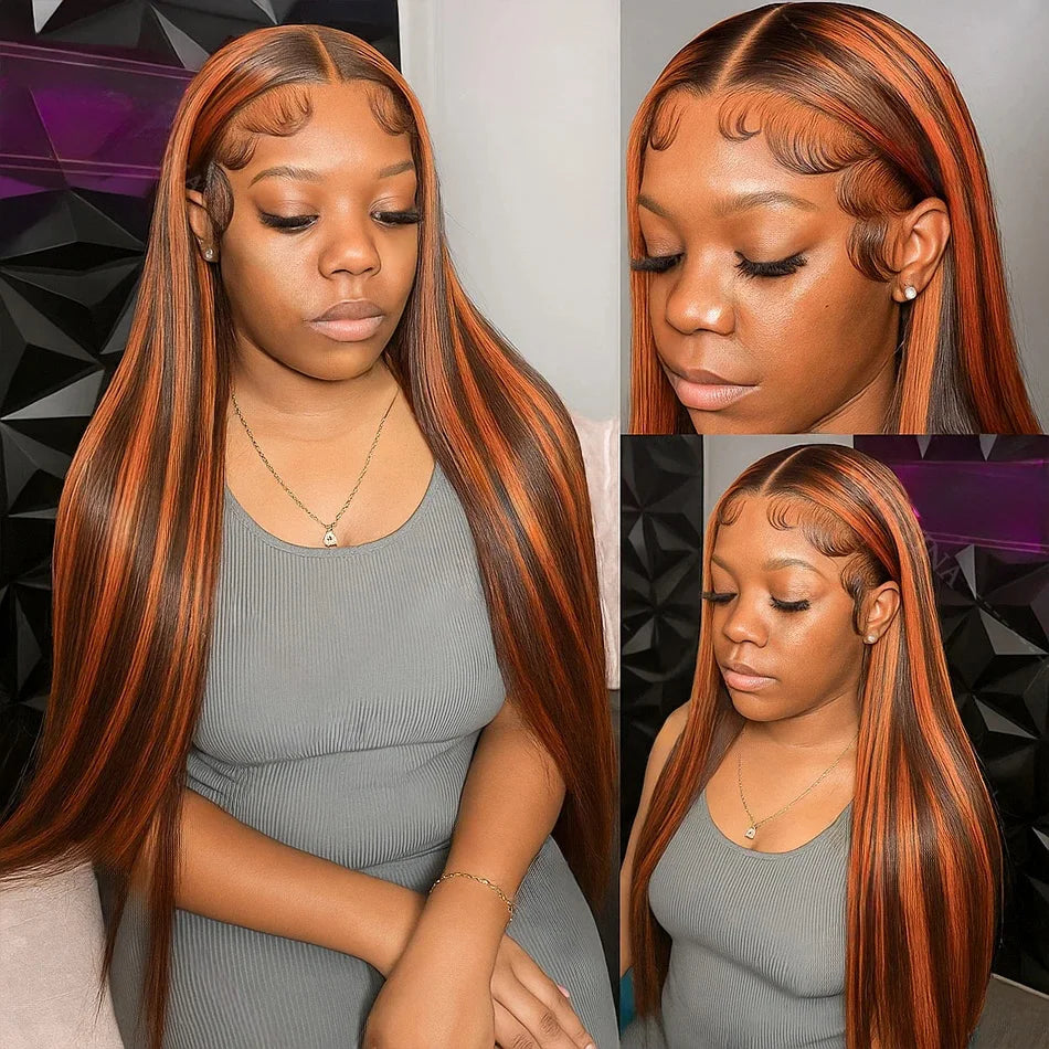 Perruque Lisse Highlight Ombre 4/350 | Gingembre Orange Brun | 13x6 & 13x4 Lace Front | Glueless | Cheveux Humains