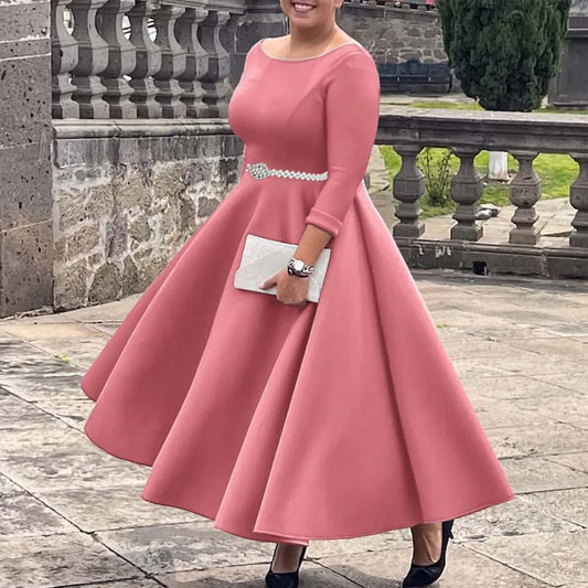 Luxury Dresses for Women O Neck Full Sleeve Belt Waisted High Waisted Pleated A Line Ankle Length Elegant Female Birthday Gowns