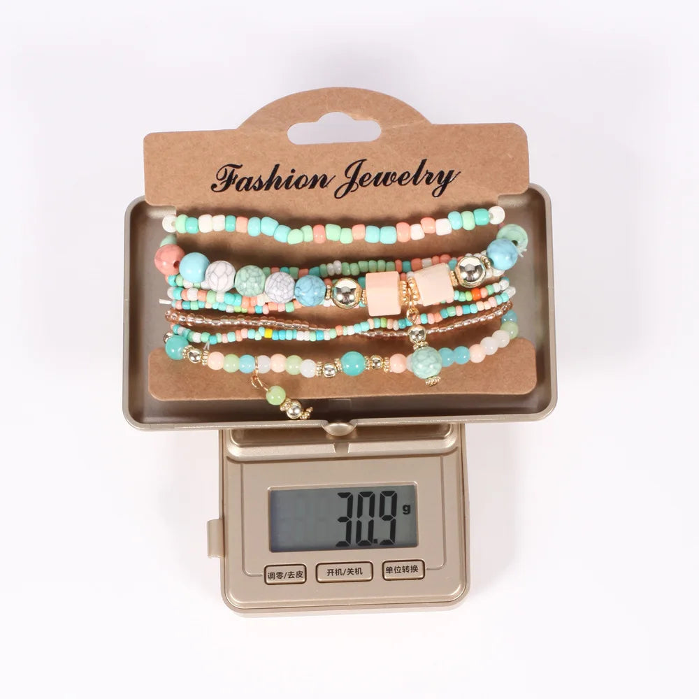 Bohemian Handmade Beaded Bracelet Set For Women Summer Colorful Beaded Chain Bangle Girls Boho Jewelry Accessories