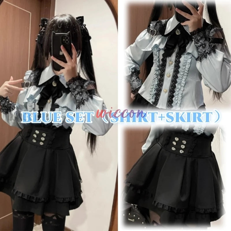 Jirai Kei Outfit Lolita Girls Shirt Skirt Set Women Kawaii Bow Long Sleeve Y2K Casual Aesthetic Shirt Japanese Style Women