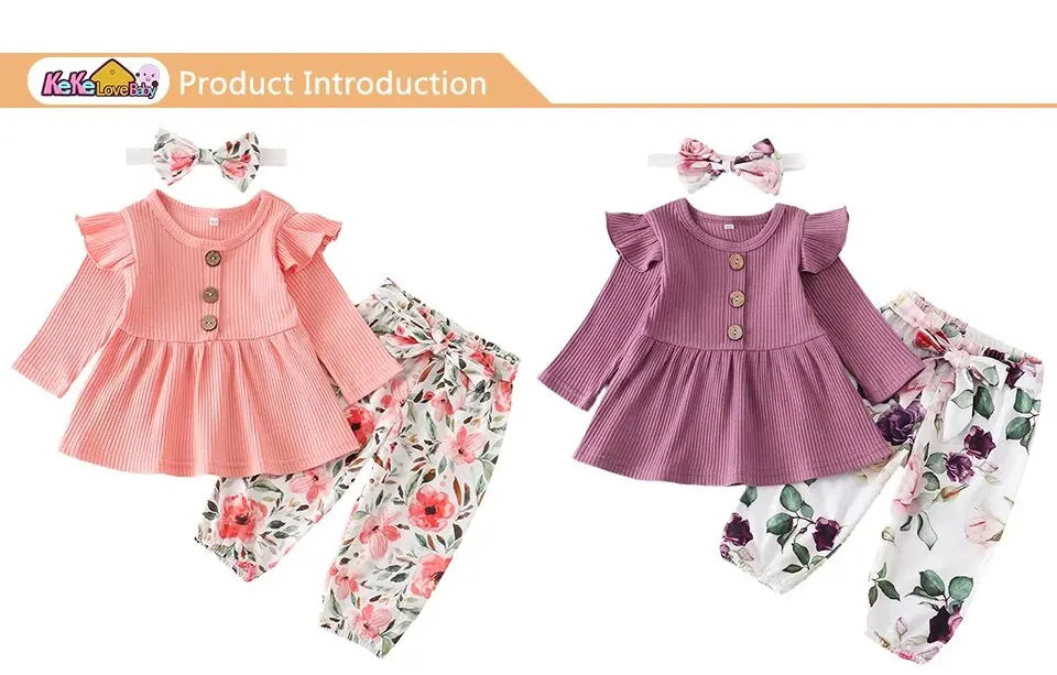 Newborn Baby Girl Clothes Set Solid Knitting Long Sleeve Tops Floral Print Pants Headband 3Pcs Outfits Casual Infant Clothing