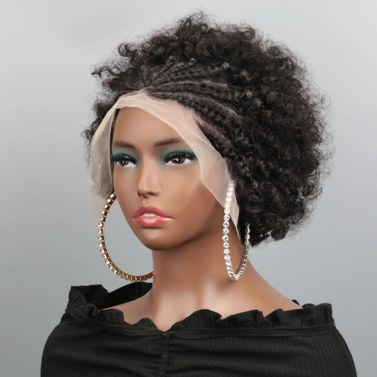 Perruque Afro Puff Tressée | 13x4 Lace Front | Kinky Curly | Pré-Tressée | Cheveux Humains | Femmes Noires