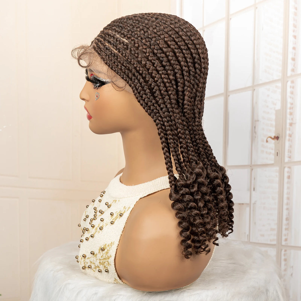 Full Lace Braided Wig with Curly Ends Synthetic Cornrow Braids Wig for Black Women Lace Frontal Afro Knotless Braiding Wigs