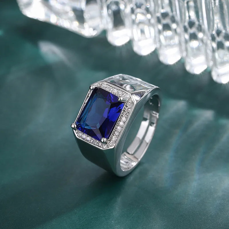 925 Sterling Silver Adjustable Ring for Men with Diamonds Sapphire and Emerald Open Design Jewelry Accessories for Men Gift