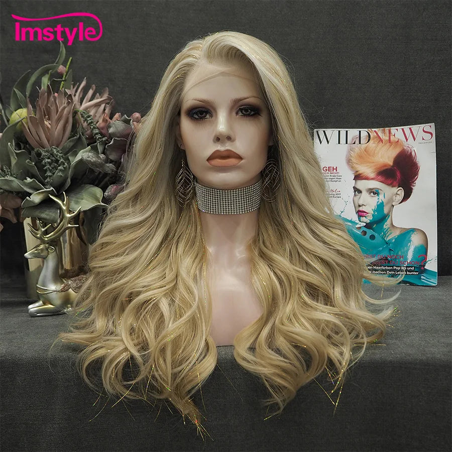 Imstyle Tinsel Blonde Wig Synthetic Lace Front Wig Highlight White Long Wavy Hair For Women Cosplay Wigs