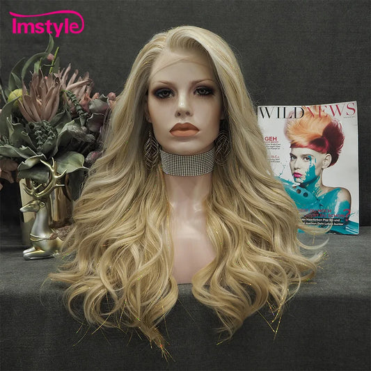 Imstyle Tinsel Blonde Wig Synthetic Lace Front Wig Highlight White Long Wavy Hair For Women Cosplay Wigs