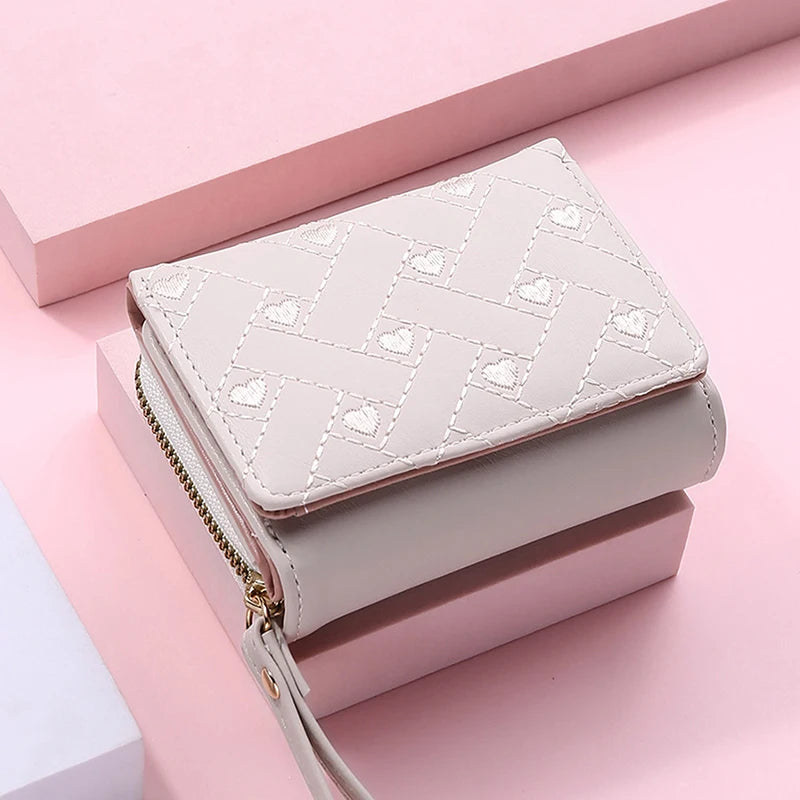 Women's Tri-Fold Wallet PU Card Holder Multi-Object Pocket Short Fashion Embroidered Love Pattern Korean Minimalist New 2023
