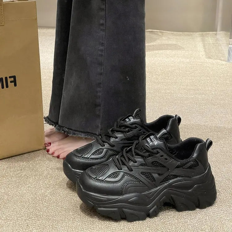 2024 New Summer Black Chunky Casual Sneakers Women New Fashion Platform Sport Shoes Mesh Leather Platform Shoes