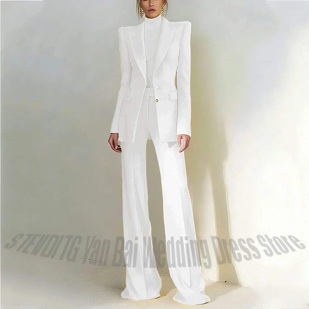Women's Pant Suit 2 Piece Set Office Female Business Work Formal Jacket Trouser One Button Chic Yellow Peaked Lapel Elegant Suit