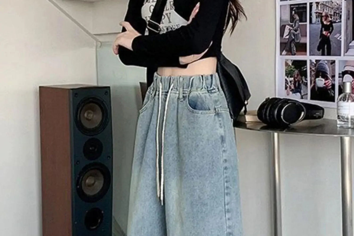 Botvotee Elastic Waist High Waist Wide Leg Jeans for Women Loose Straight Blue Long Denim Pants Female Fashion Streetwear Jeans