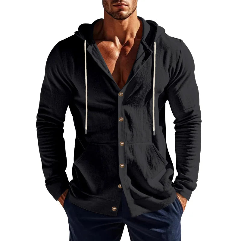 Men's Linen Hoodie Shirt Casual Slim Fit Hooded Long Sleeve Solid Button Down T-shirt Tops New Men Spring Summer Vacation Shirts