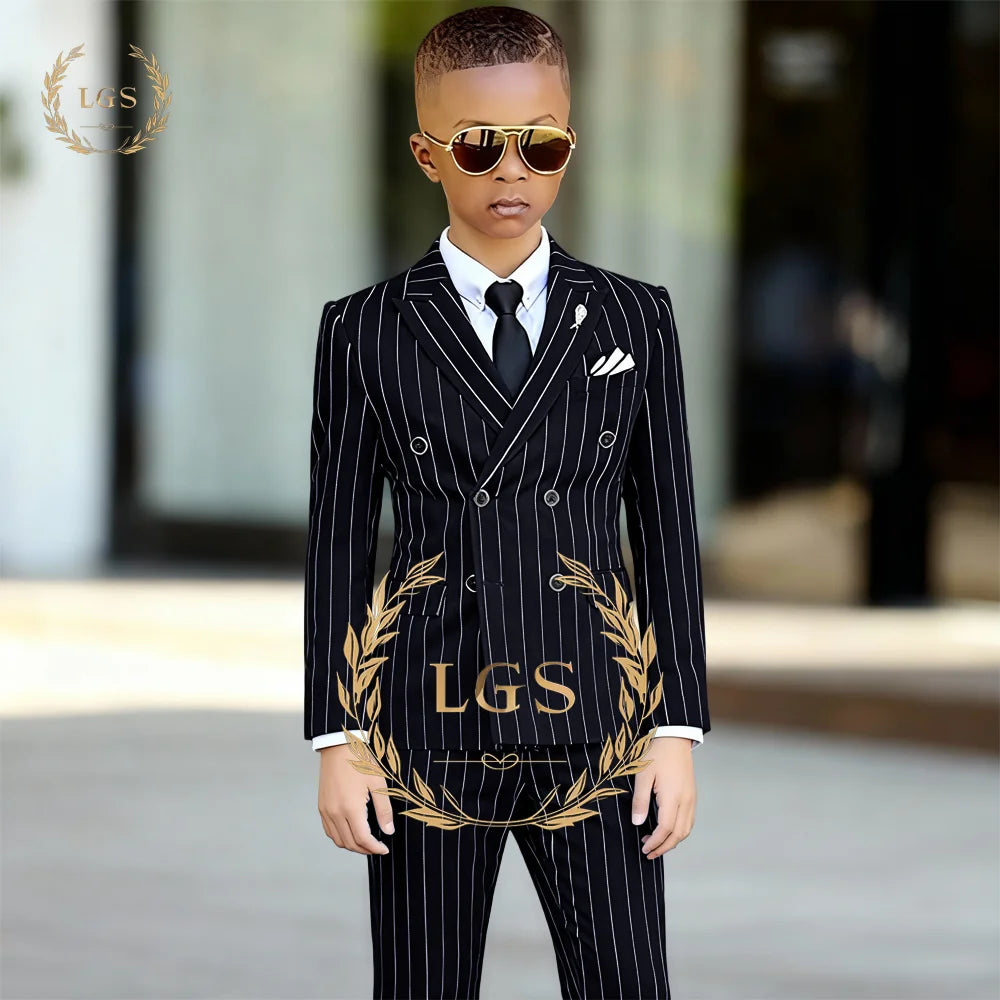 Elegant Boys' 2-Piece Suit: Double-Breasted Striped Blazer with Peak Lapel & Pants for Church, Graduation, Special Occasions