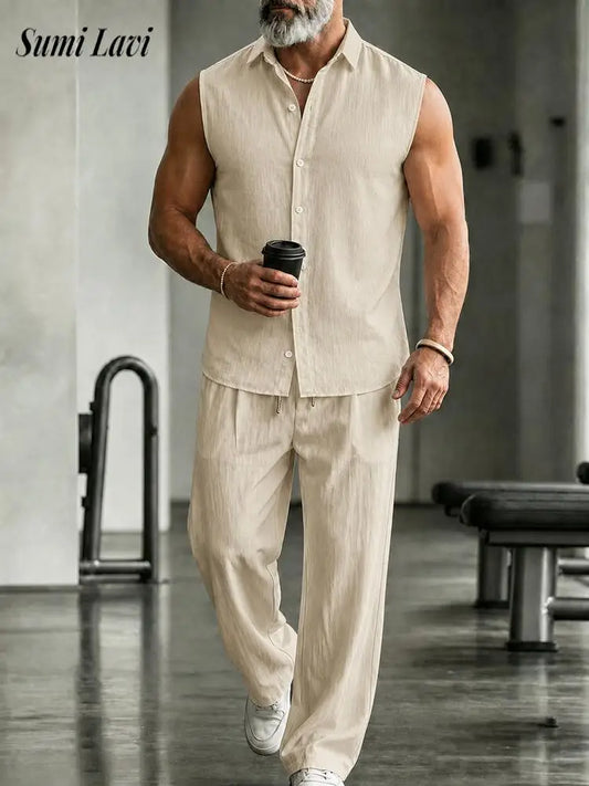 Fashionable Sleeveless Vest Shirt And Pants Sets Men 2026 Summer Leisure Solid Color Linen Two Piece Suits Mens Vintage Outfits