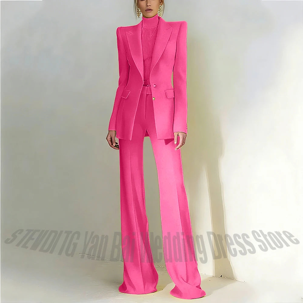 Women's Pant Suit 2 Piece Set Office Female Business Work Formal Jacket Trouser One Button Chic Yellow Peaked Lapel Elegant Suit