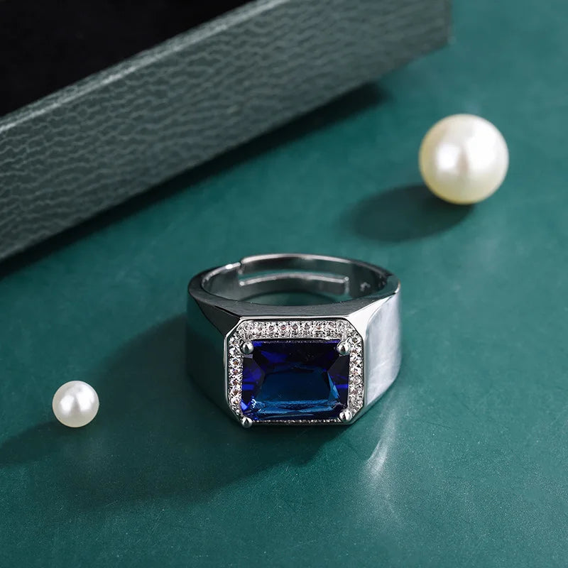 925 Sterling Silver Adjustable Ring for Men with Diamonds Sapphire and Emerald Open Design Jewelry Accessories for Men Gift