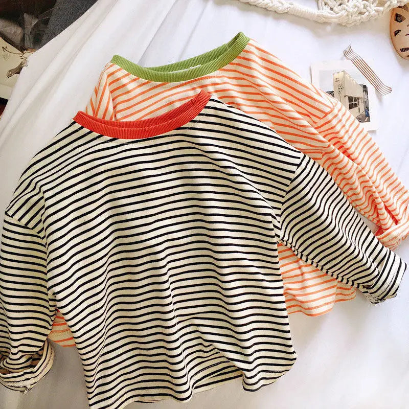 Boys and Girls Long-Sleeved T-shirt, Children's Base Layer, Spring and Autumn Pure Cotton Casual Versatile Striped Baby Top