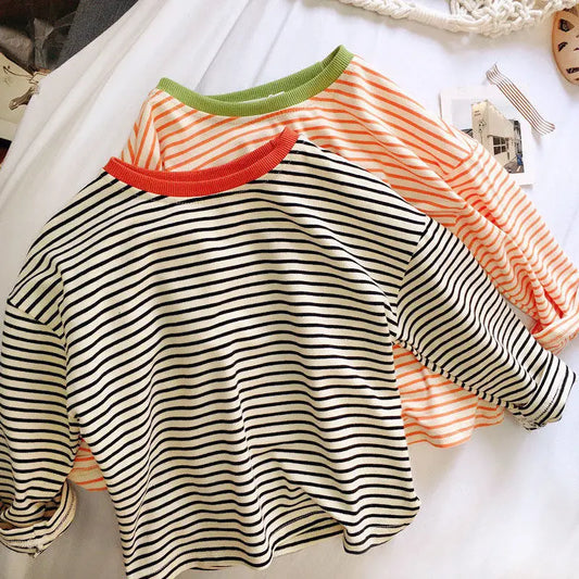 Boys and Girls Long-Sleeved T-shirt, Children's Base Layer, Spring and Autumn Pure Cotton Casual Versatile Striped Baby Top