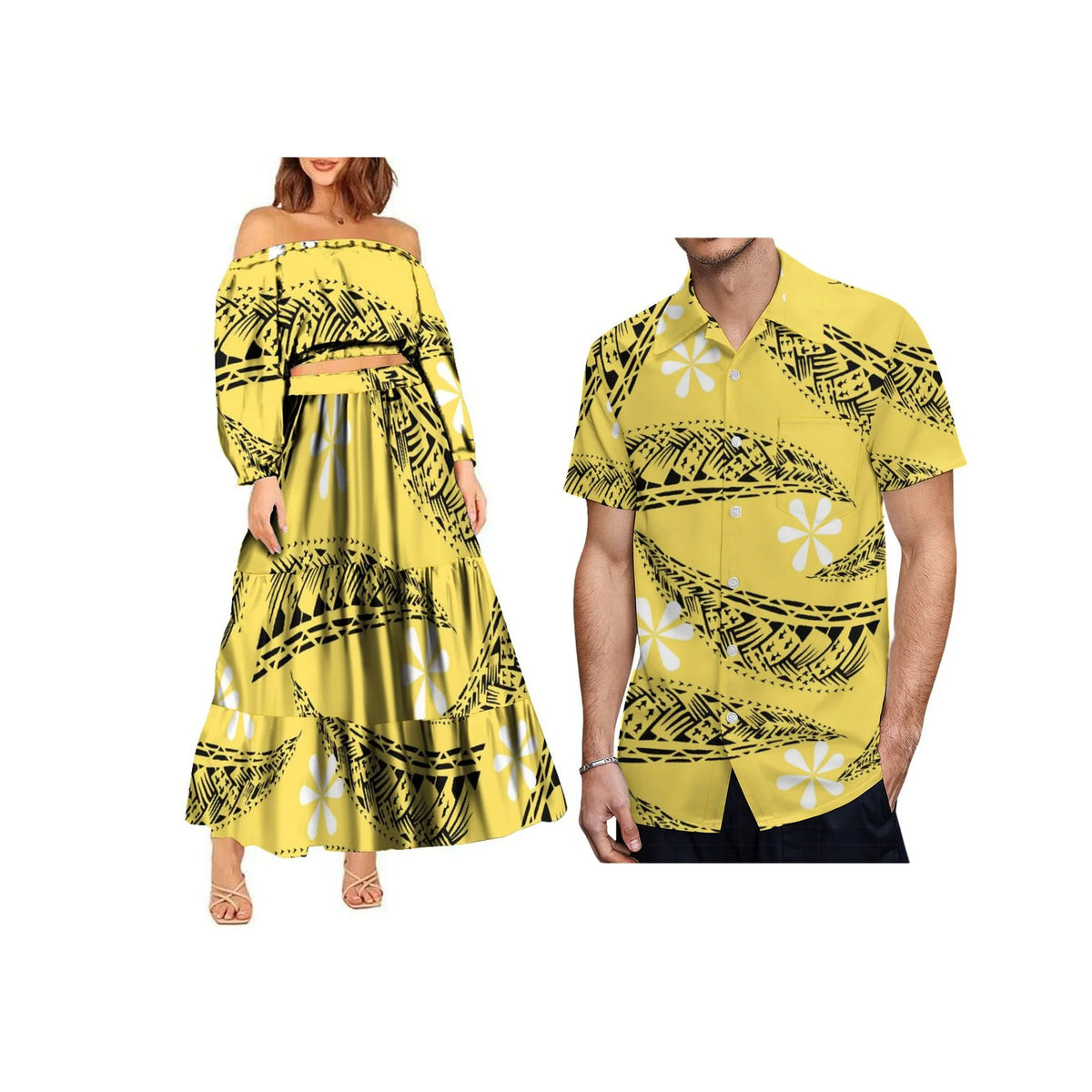 2024 Trendy 2 Piece Set Custom Polynesian Tribal One Shoulder Long Sleeve Crop Top Maxi Skirt Plus Size Women's Sets Dress