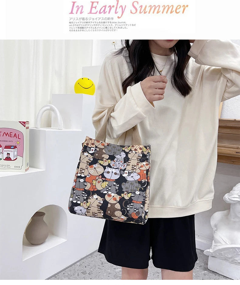 Fashionable Top-Handle Bag with Cute Cat Pattern, Portable Mommy Bag for Women