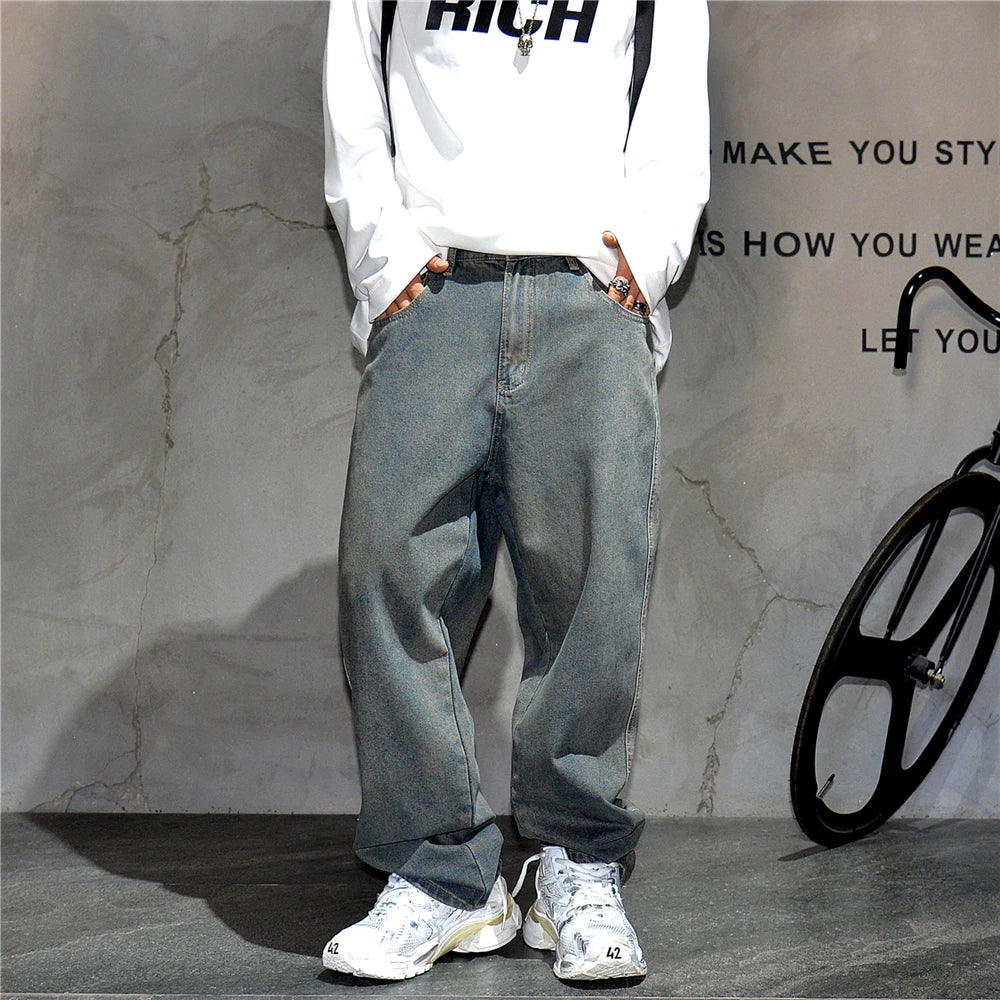 American Streetwear Baggy Jeans For Men's Clothing Vintage Distressed Gray Denim Pants Harajuku Casual Skateboard Pants Male