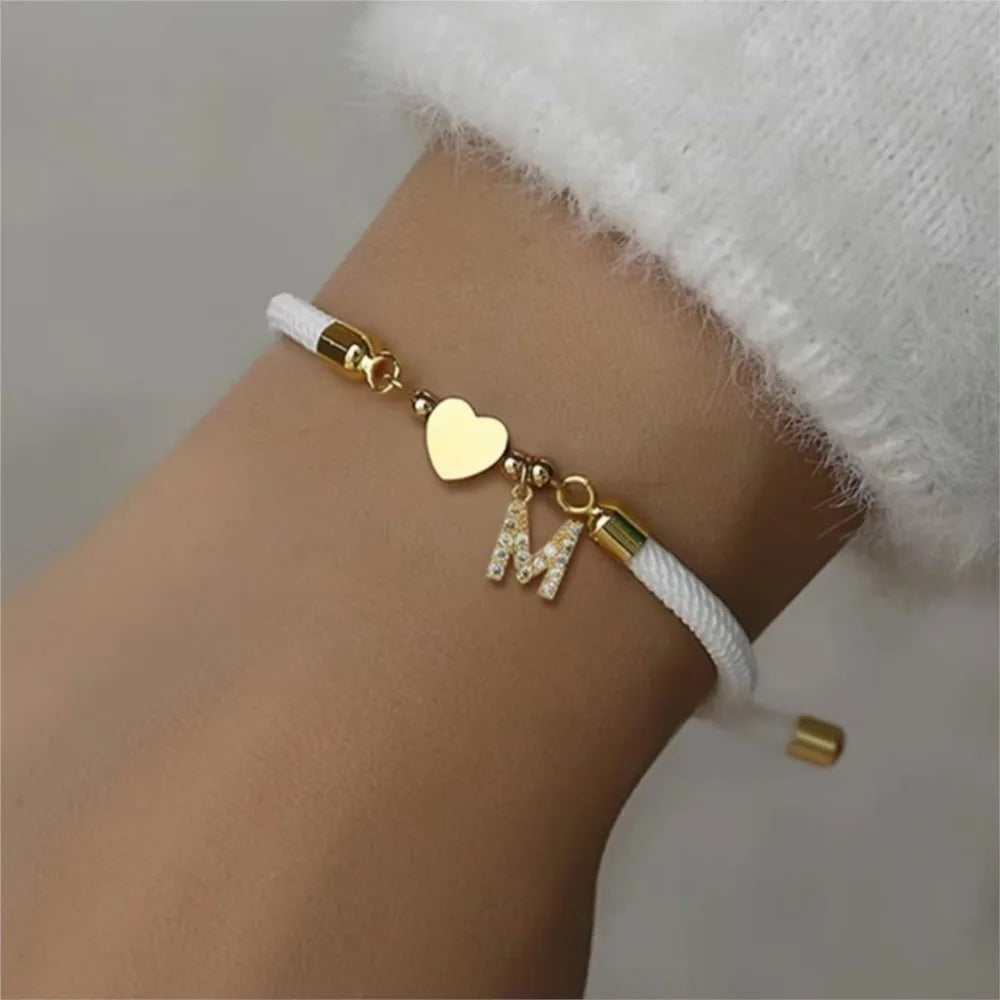 Initial Heart Charm Letter Link Bracelet for Women Classic Letter A-Z Rope Chain Bracelet for Daily Jewelry Gifts