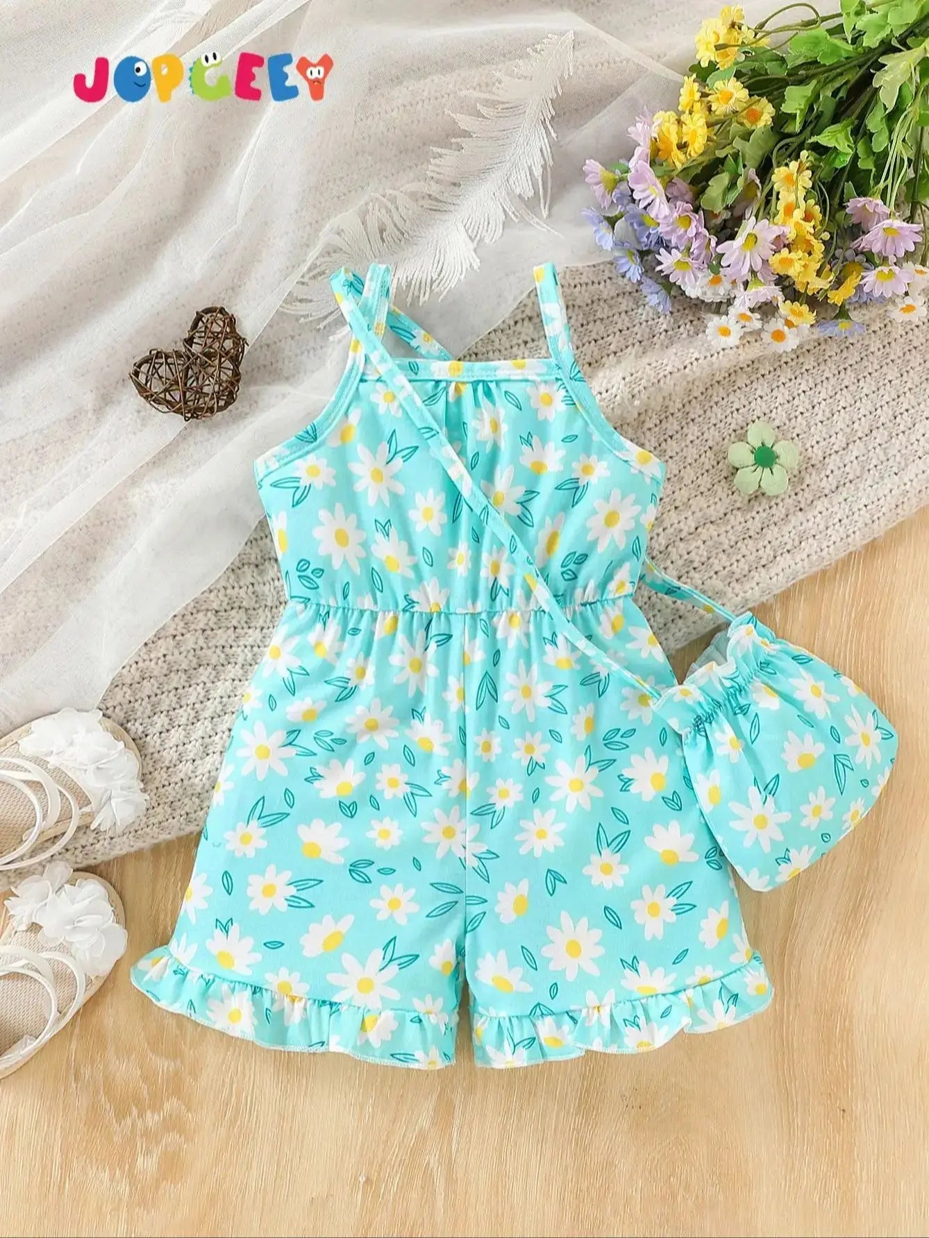 Baby girl baby fashionable casual flower full body printed suspender jumpsuit (including bag but not shoes) summer