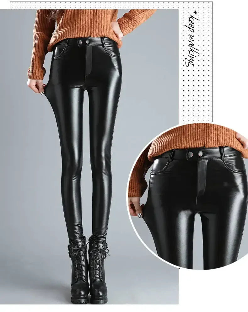 Pantalon Femme Cuir PU Cachemire | Taille Haute Slim Chaud | Polaire Intérieure | Automne-Hiver 2024 | Noir | S à XXXL