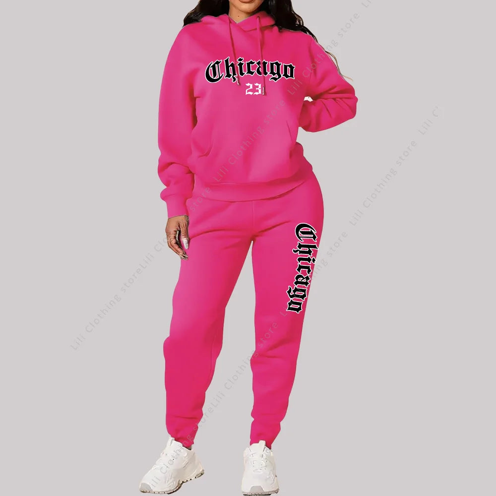 Jogging Femme 2 Pièces | Sweat Capuche & Pantalon | Imprimé Chicago Lettre | Grande Taille Rose