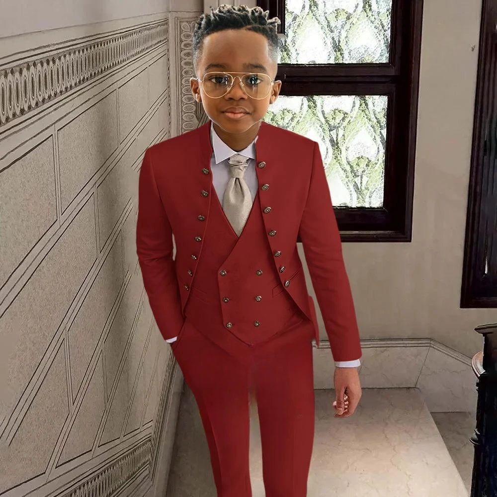 Fashionable Kids Stand-up Collar Suits 3 Pieces Jacket Vest Pants Performance Outfit Comfortable Boys Tuxedo Wedding Guest Wear