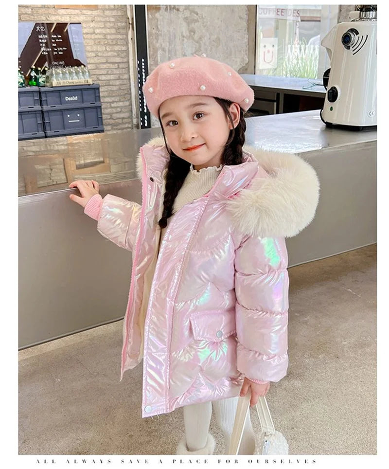 Doudoune Longue Fille Licorne | Imperméable Brillante | Col Fourrure Capuche | Parka Enfant Hiver