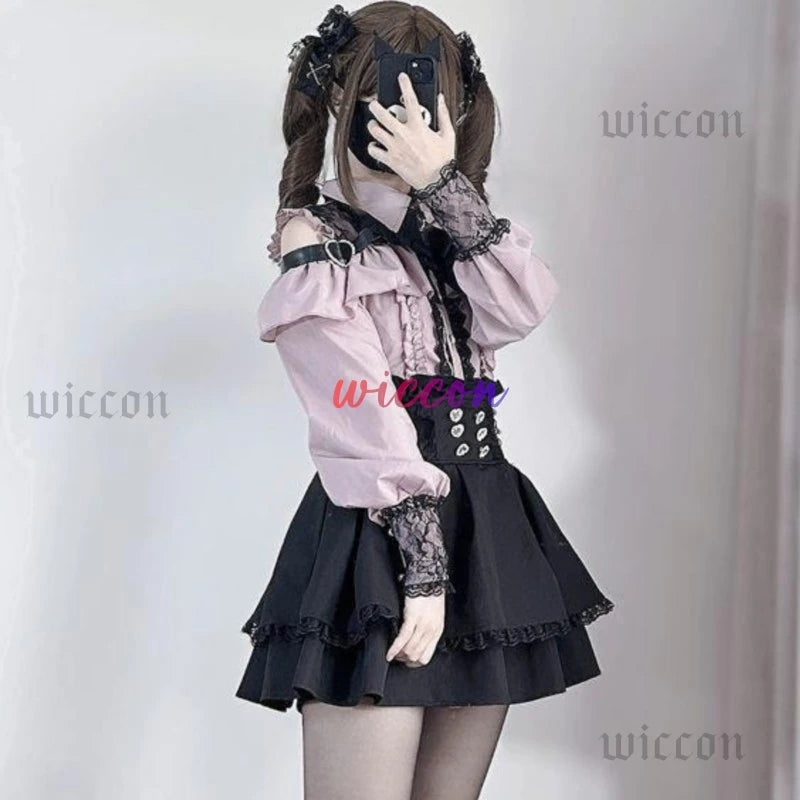 Jirai Kei Outfit Lolita Girls Shirt Skirt Set Women Kawaii Bow Long Sleeve Y2K Casual Aesthetic Shirt Japanese Style Women