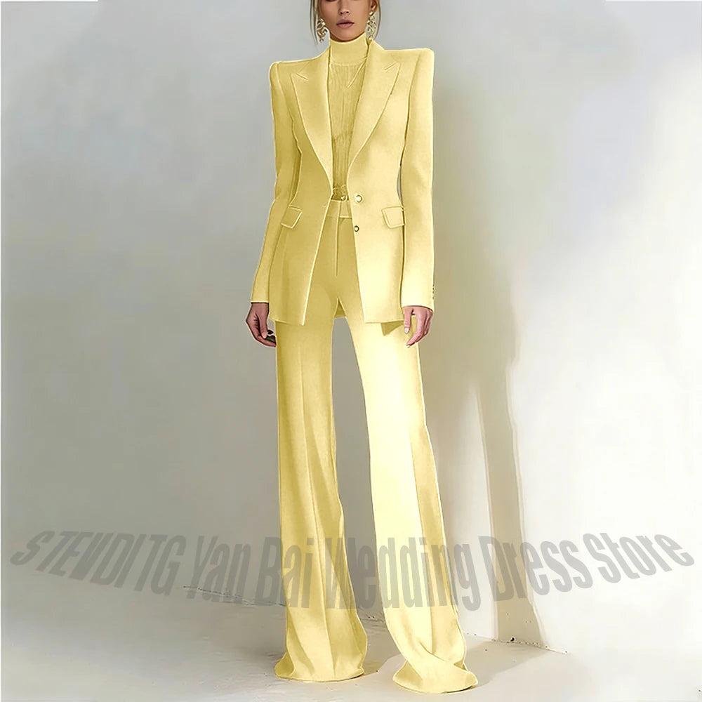 Women's Pant Suit 2 Piece Set Office Female Business Work Formal Jacket Trouser One Button Chic Yellow Peaked Lapel Elegant Suit