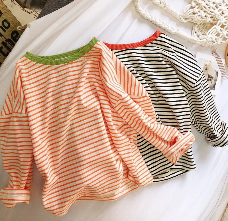 Boys and Girls Long-Sleeved T-shirt, Children's Base Layer, Spring and Autumn Pure Cotton Casual Versatile Striped Baby Top