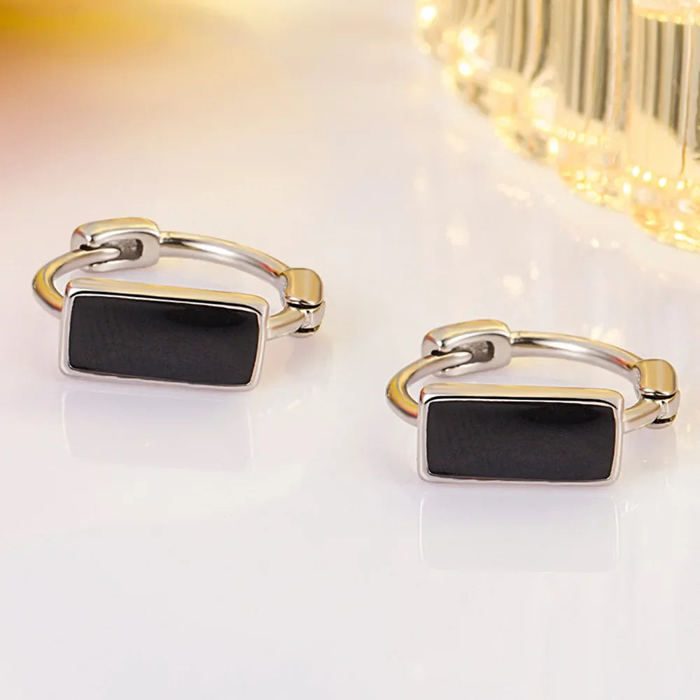 925 Sterling Silver Geometric Black Hoop Earrings for Women Wedding Party Jewelry Gift Pendientes Mujer Moda
