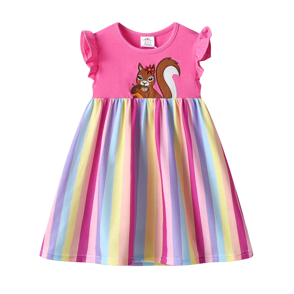 Girls Squirrel Embroidery Dress Kids Ruffle Sleeve Pink Cotton Casual Straight Dress Girl Rainbow Striped Cute Daily Wear Outfit