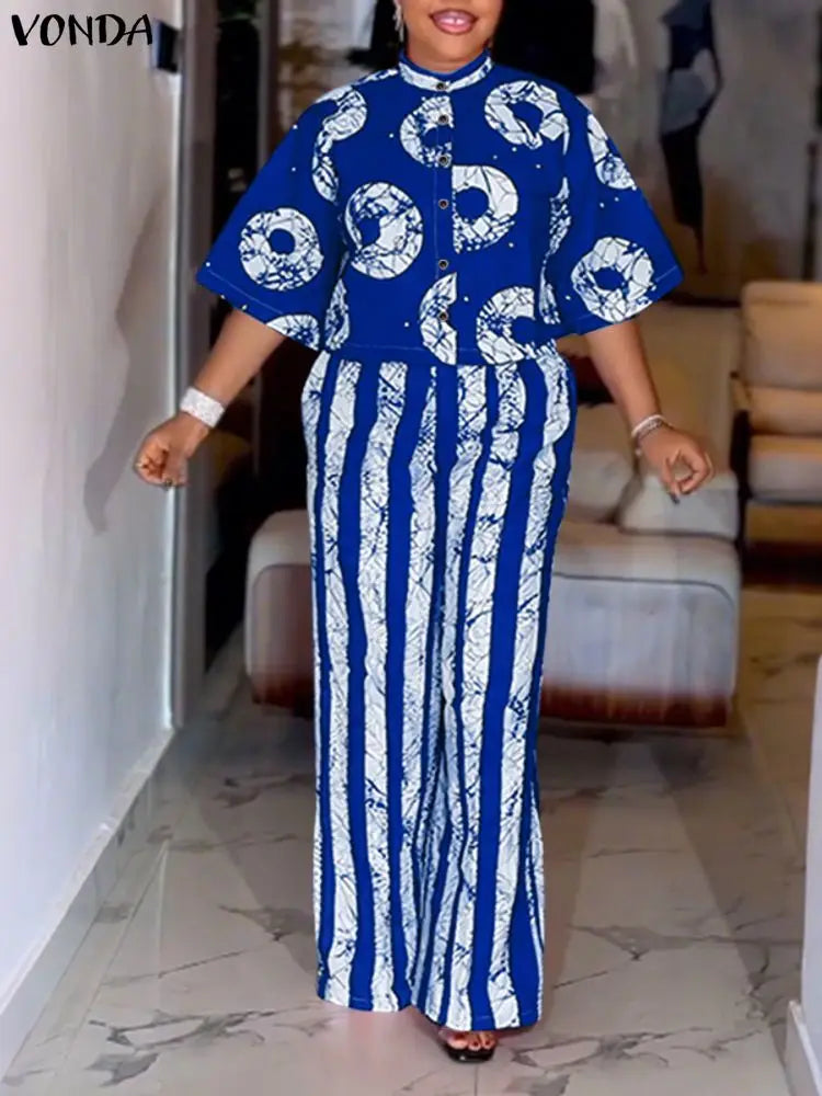 Ensemble 2 Pièces Grande Taille Femme 5XL | Boho Manches 3/4 | Chemise Imprimée & Pantalon Large | Vintage