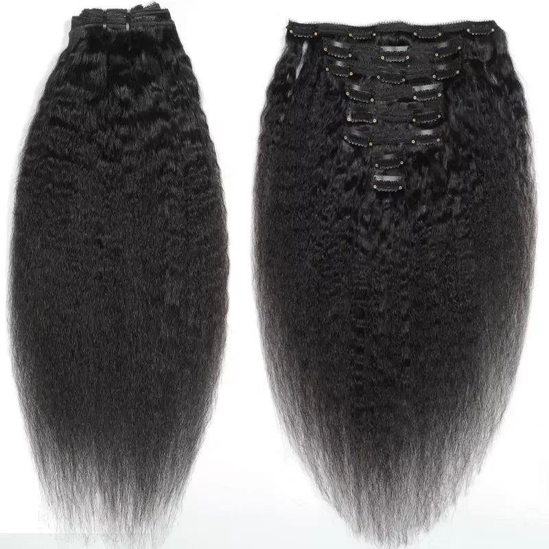 Extensions à Clips Kinky Straight Yaki 18 Pouces | Cheveux Humains Remy | Sans Couture | Femme